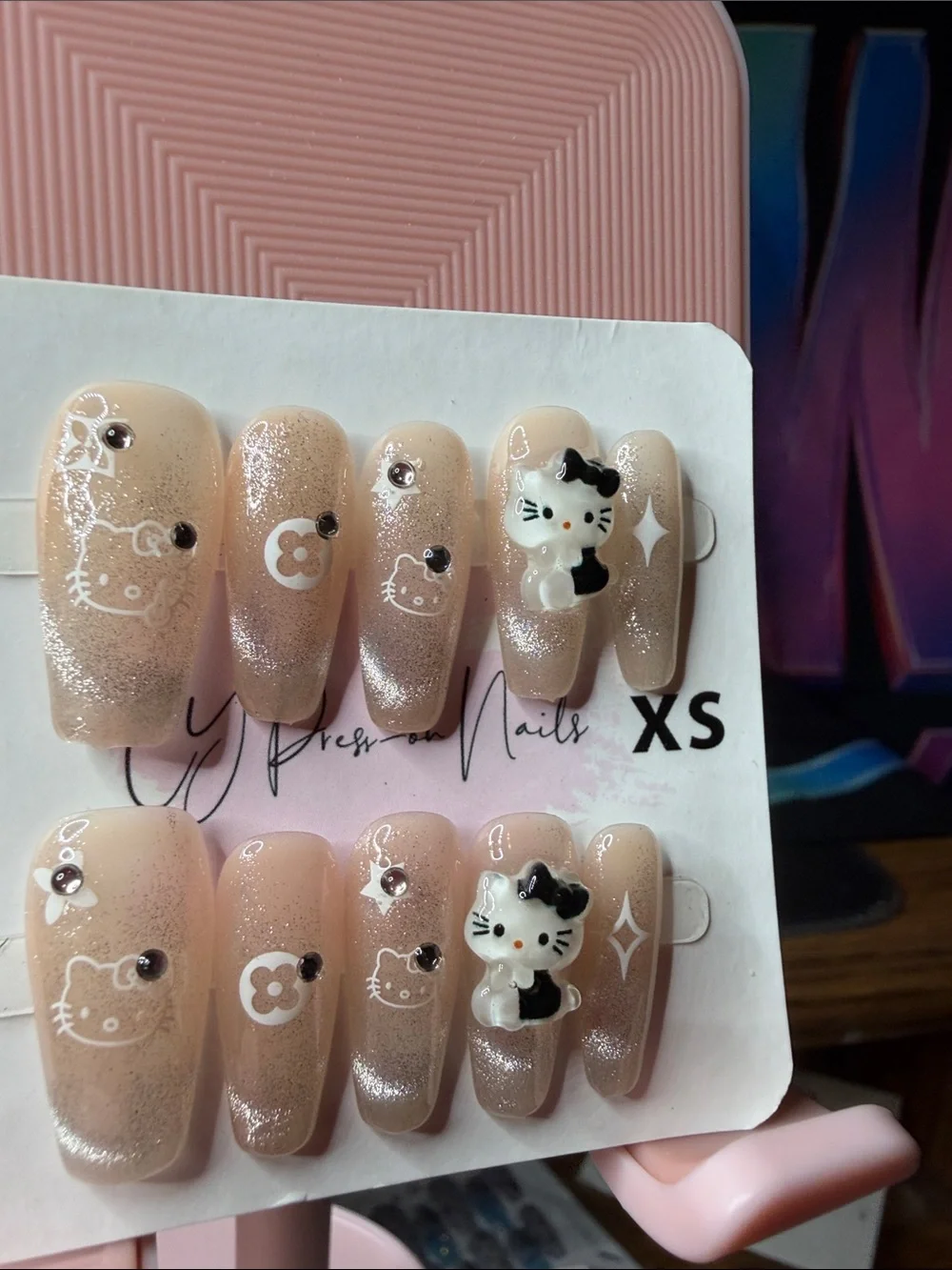 Hello Kitty Nude Pink Glitter Press-On Nails with 3D Charms